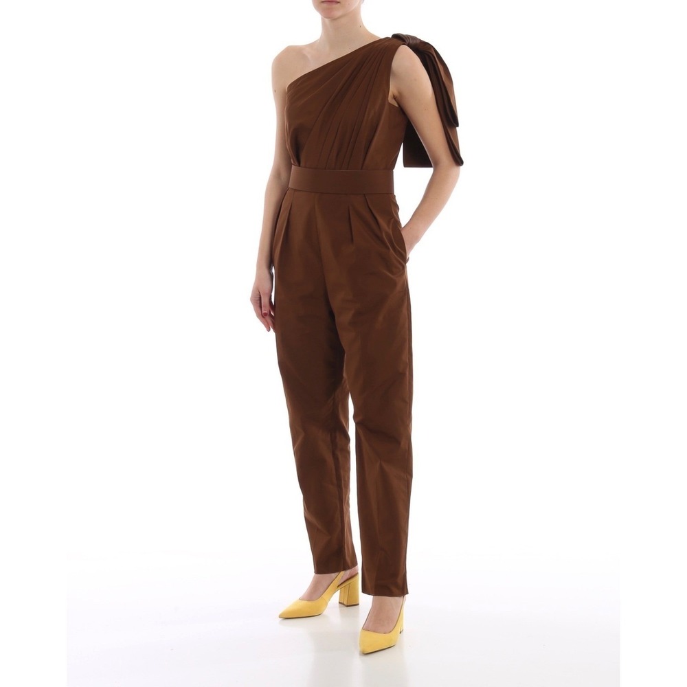 MAX MARA Avola Cotton One Shoulder Jumpsuit Brown Pleated Straight Leg Size 2